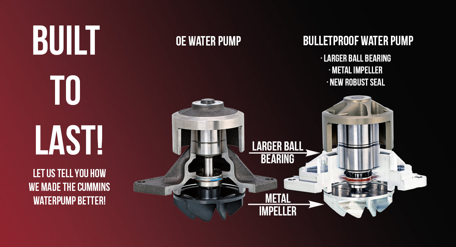 Bullet Proof Diesel Cummins water pump with billet aluminum housing and metal impeller upgrade