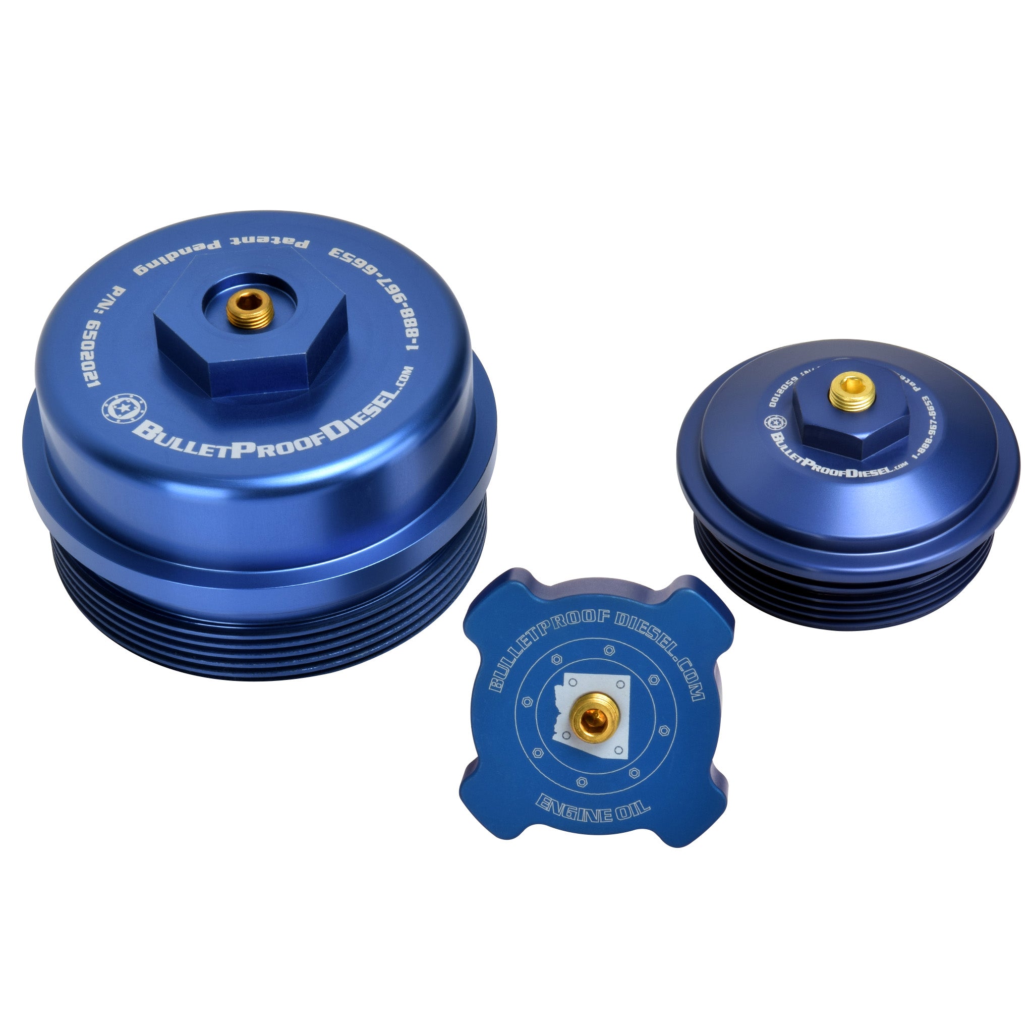Upgraded Direct Fit Blue Anodized Billet Aluminum Oil Filter, Oil Fill, and Lower Fuel Rail Cap Set for the Ford Power Stroke 6.0L Diesel with 1/8” MPT Threaded Port. Fits Years 2003 2004 2005 2006 2007.