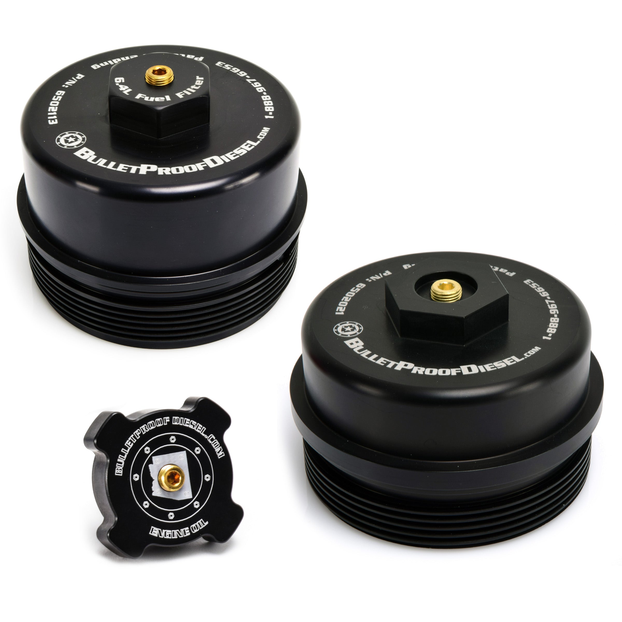 Upgraded Direct Fit Black Anodized Billet Aluminum Oil Filter, Oil Fill, and Lower Fuel Rail Cap Set for the Ford Power Stroke 6.4L Diesel with 1/8” MPT Threaded Port. Fits Years 2008 2009 2010.