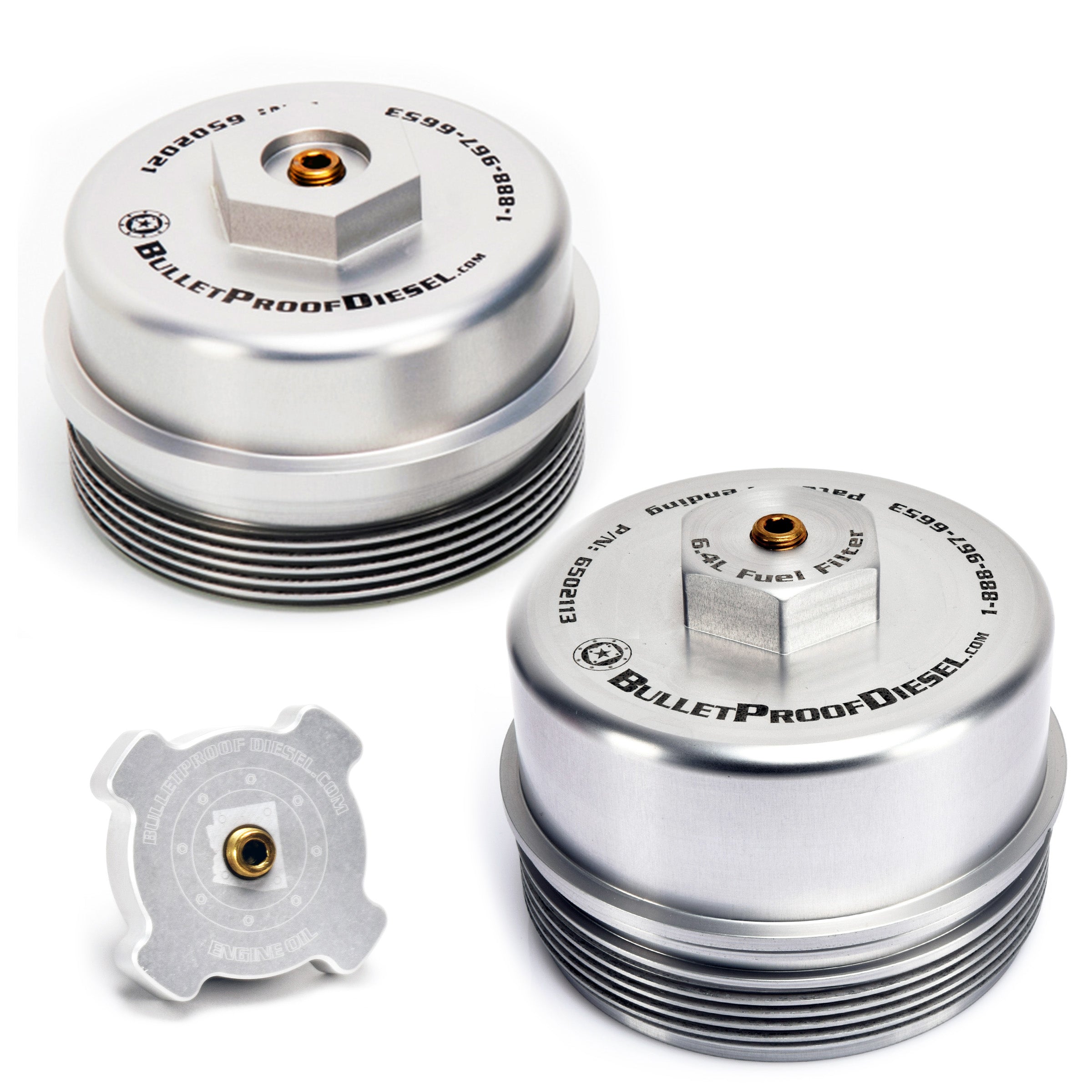 Upgraded Direct Fit Clear (Natural) Anodized Billet Aluminum Oil Filter, Oil Fill, and Lower Fuel Rail Cap Set for the Ford Power Stroke 6.4L Diesel with 1/8” MPT Threaded Port. Fits Years 2008 2009 2010.