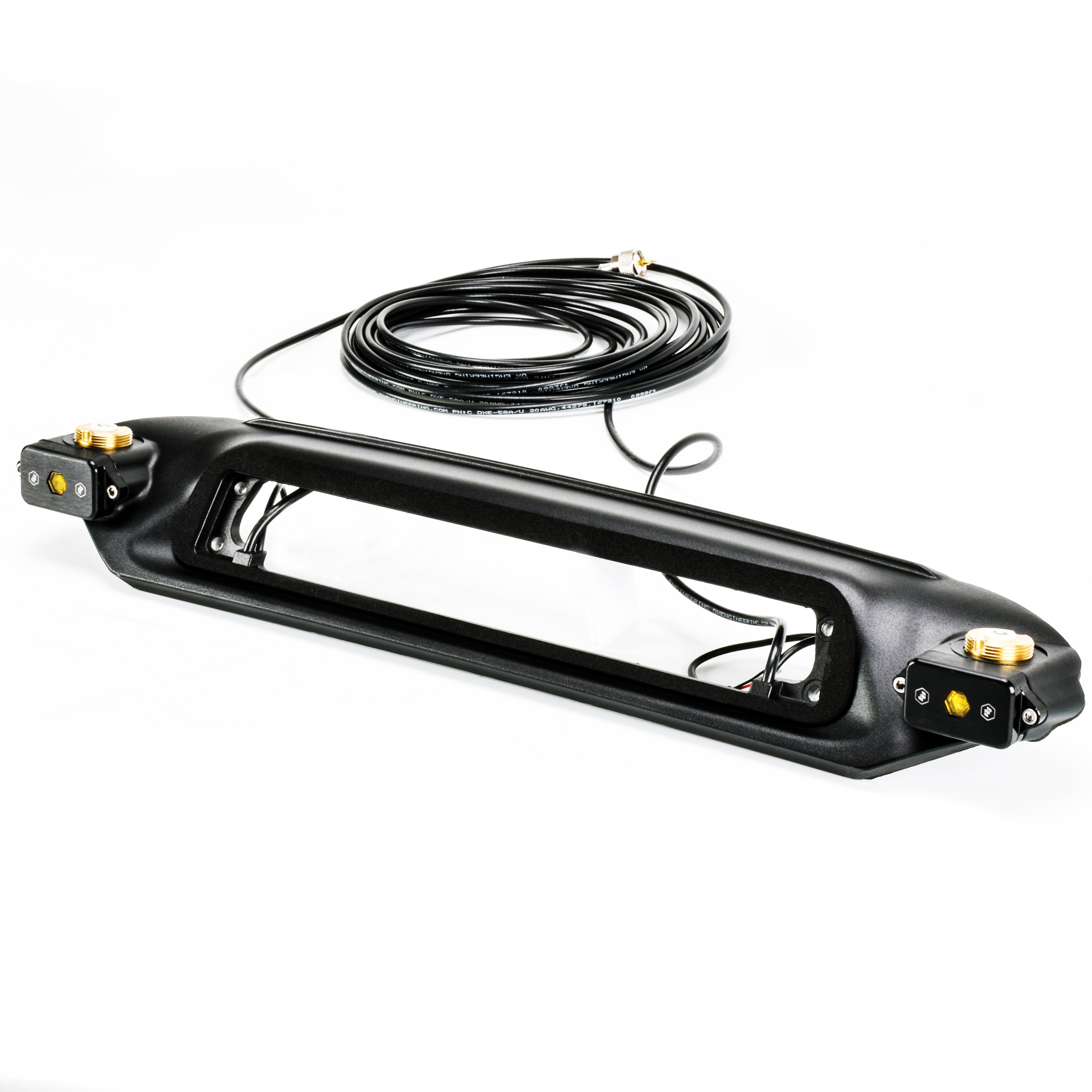 Toyota Tundra Dual Third Brake Light Antenna Mount Features TWO NMO Mounts for reception via UHF, VHF, CB, HAM, Mobile, Radio and Cell Phone Signal Boosters. Save your paint! No magnets. With Baja Design amber lights. Custom cable lengths are available!