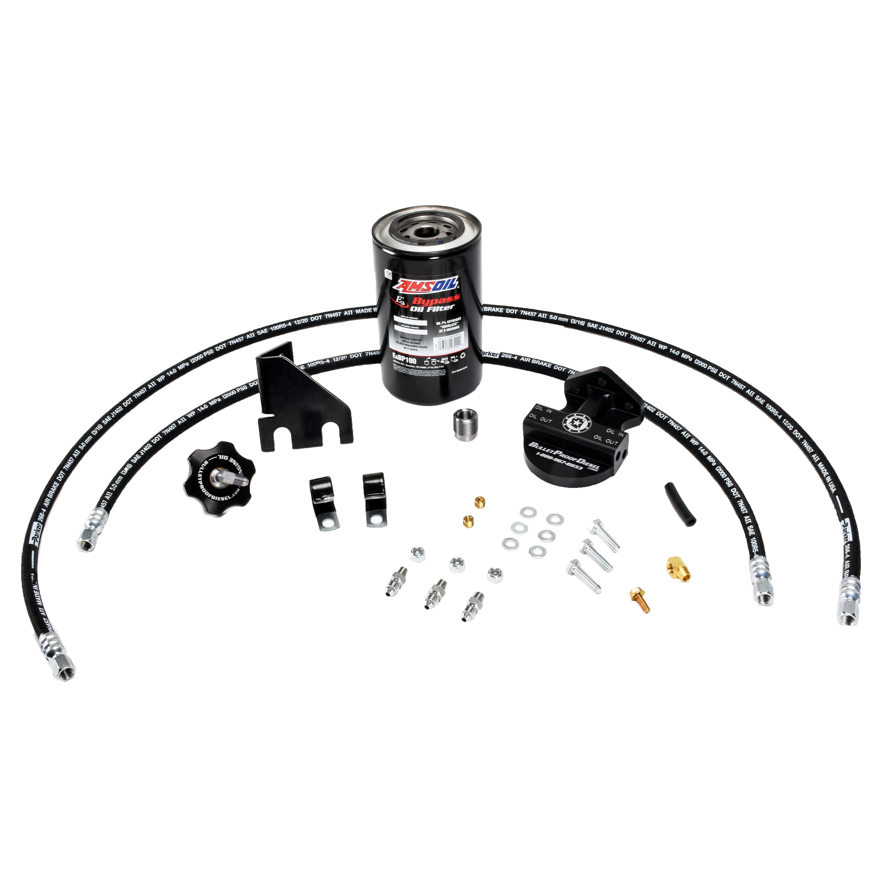 This BulletProof Upgraded Oil Bypass System Assembly Fits 2010 2011 2012 2013 2014 2015 2016 2017 2018 RAM Trucks with the 6.7L Diesel Engine. This system boasts a superior, fine oil filtration of 2 Microns with this Amsoil EaBP-100 Filter. Includes custom machined billet Engine Oil Cap and all other parts for a successful installation.