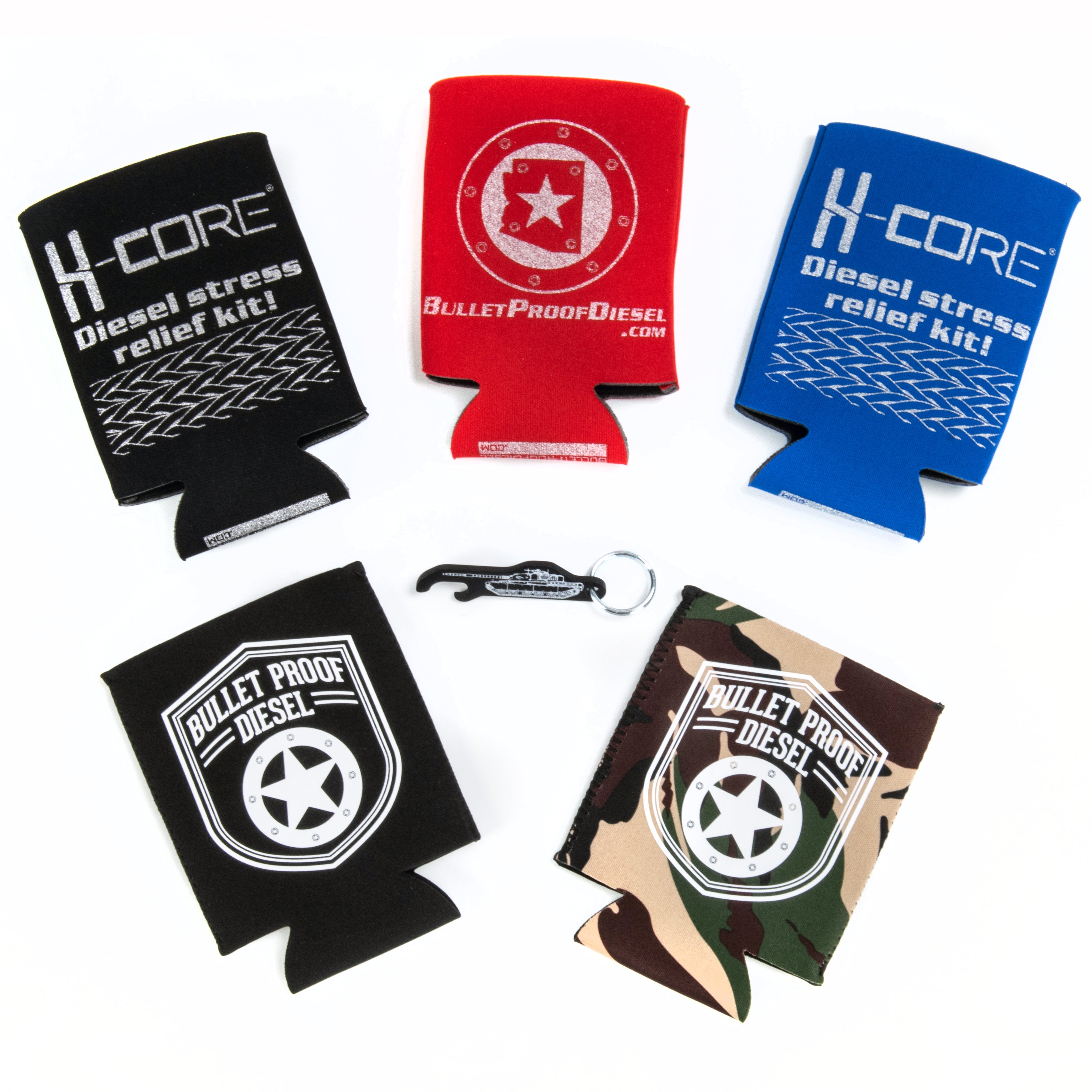 Bullet Proof Diesel Koozie pack includes 3 soft side can koozies and 2 magnetic can koozies with one of our BPD Chieftain bottle opener keychains!