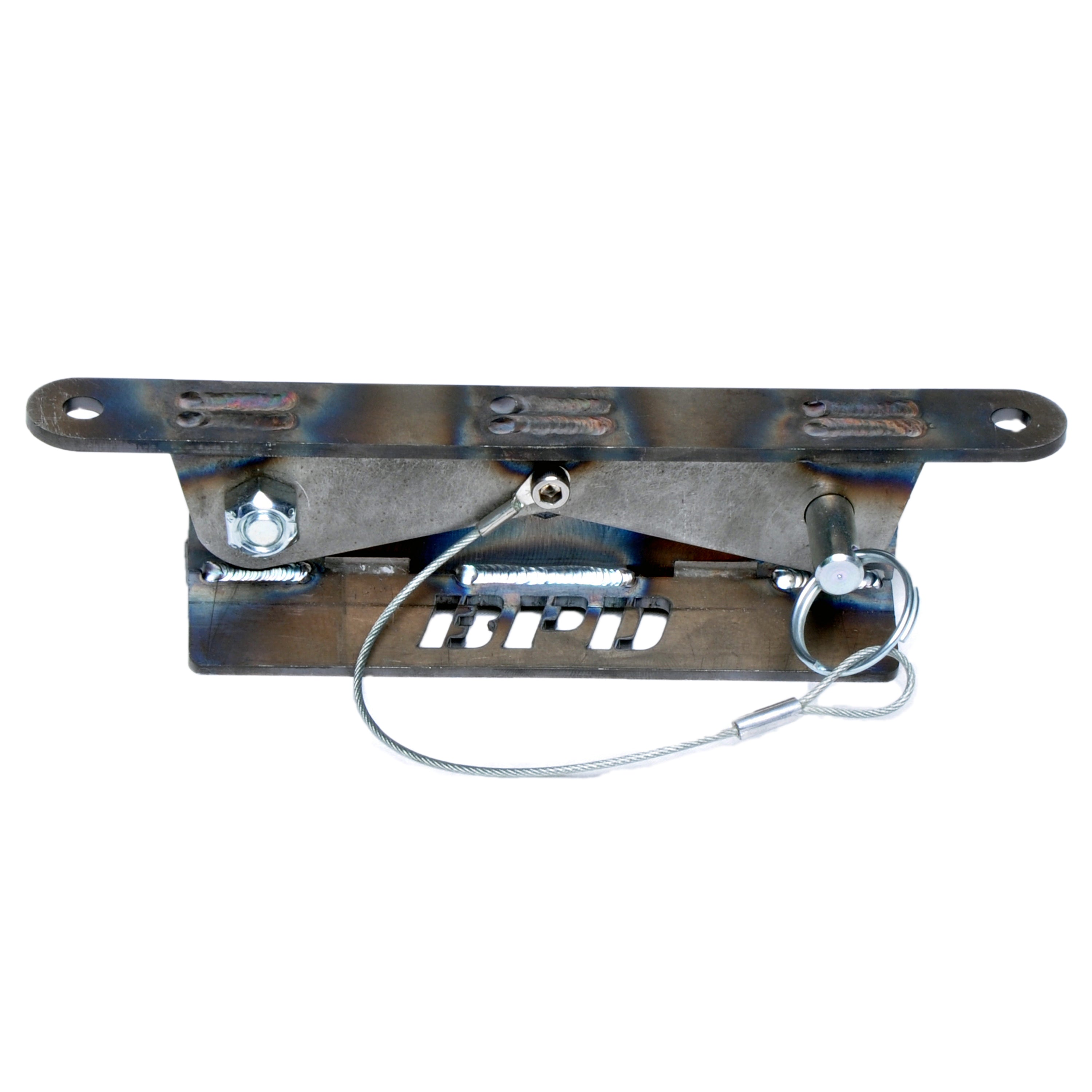 This quick release fire extinguisher mount is powder coated black or available in its RAW steel finish. Bolt it on, mount your extinguisher. Just pull a pin to easily and quickly remove your fire extinguisher.