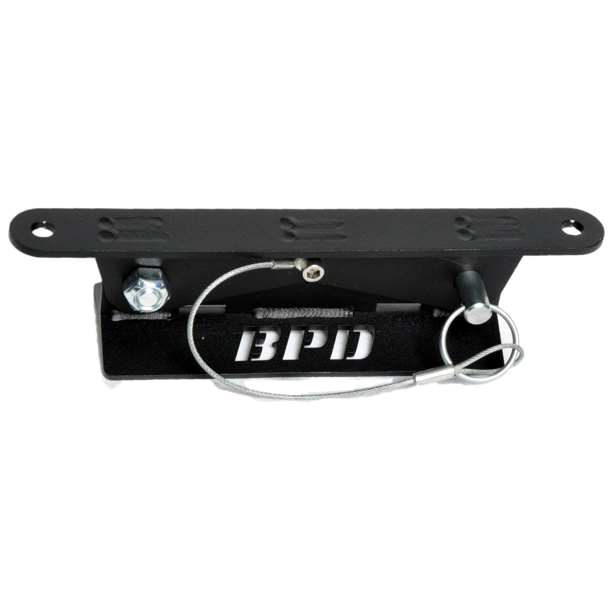 This quick release fire extinguisher mount is powder coated black or available in its RAW steel finish. Bolt it on, mount your extinguisher. Just pull a pin to easily and quickly remove your fire extinguisher.