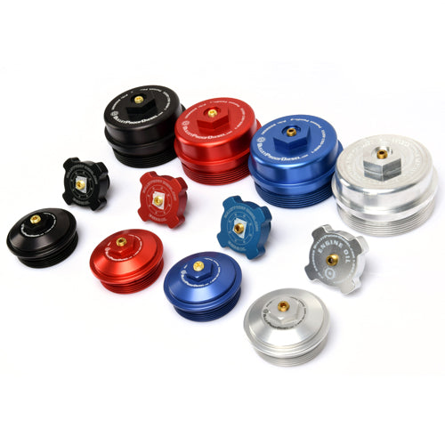 Upgrade Your Diesel Accessories with Direct Fit Anodized Billet Aluminum Oil Filter, Oil Fill, and Lower Fuel Rail Cap Caps Set for the Ford Power Stroke 6.0L Diesel with 1/8” MPT Threaded Port. Fits Years 2003 2004 2005 2006 2007 and available in Red, Blue, Black and Clear (Natural).
