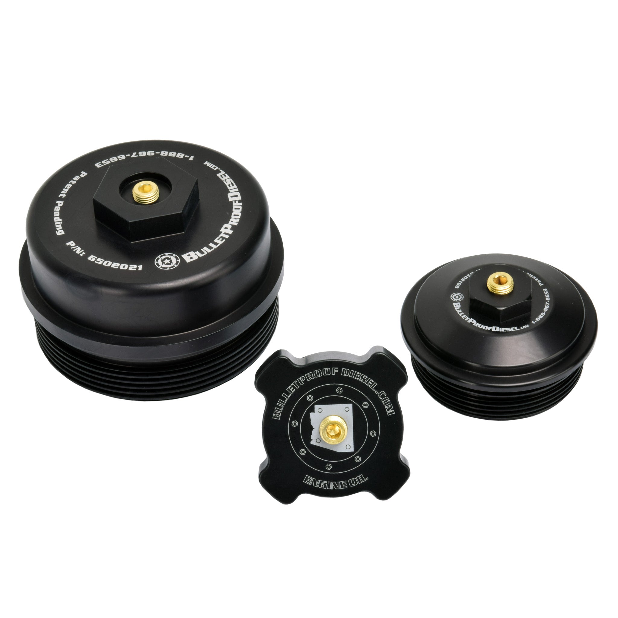 Upgraded Direct Fit Black Anodized Billet Aluminum Oil Filter, Oil Fill, and Lower Fuel Rail Cap Caps Set for the Ford Power Stroke 6.0L Diesel with 1/8” MPT Threaded Port. Fits Years 2003 2004 2005 2006 2007.