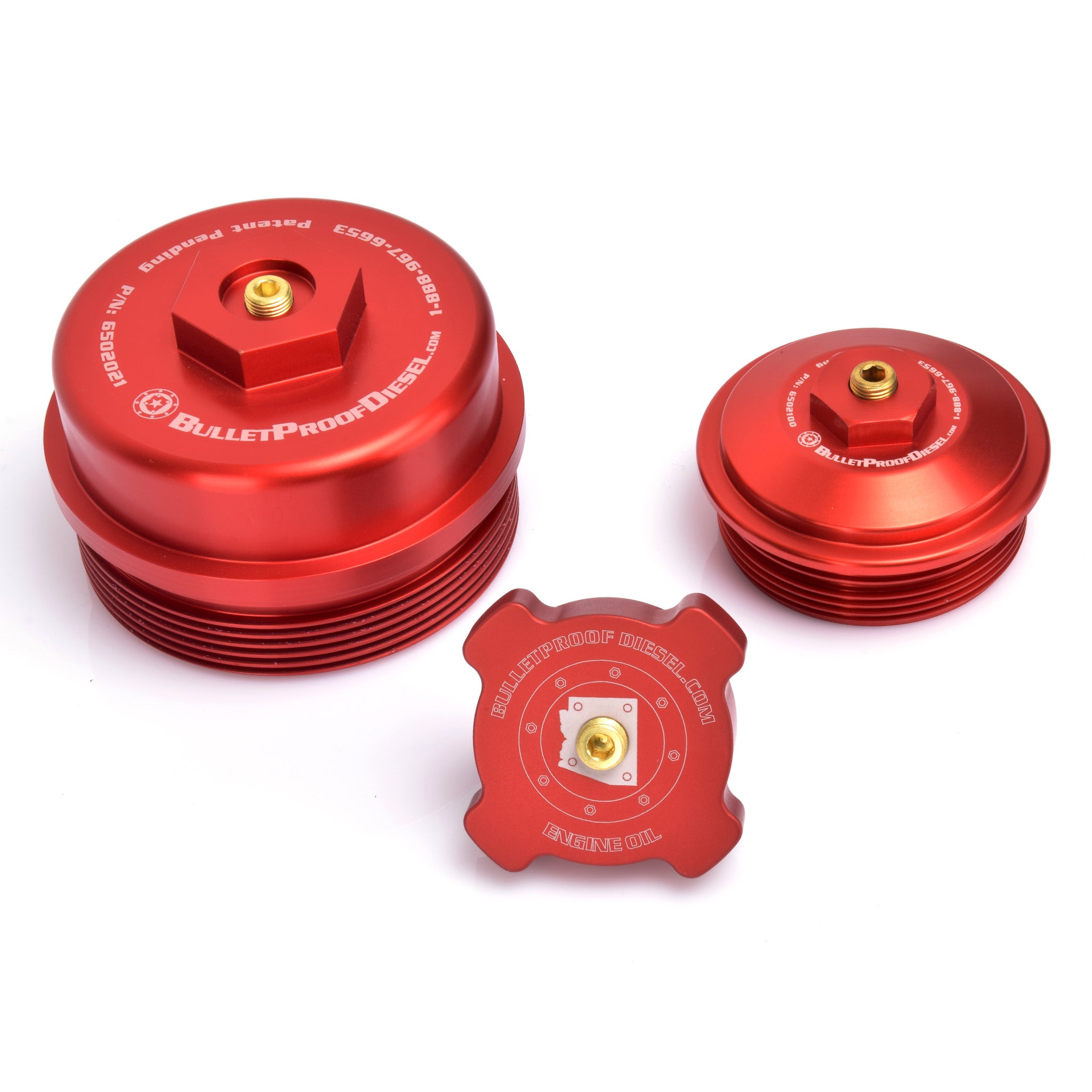 Upgraded Direct Fit Red Anodized Billet Aluminum Oil Filter, Oil Fill, and Lower Fuel Rail Cap Caps Set for the Ford Power Stroke 6.0L Diesel with 1/8” MPT Threaded Port. Fits Years 2003 2004 2005 2006 2007.