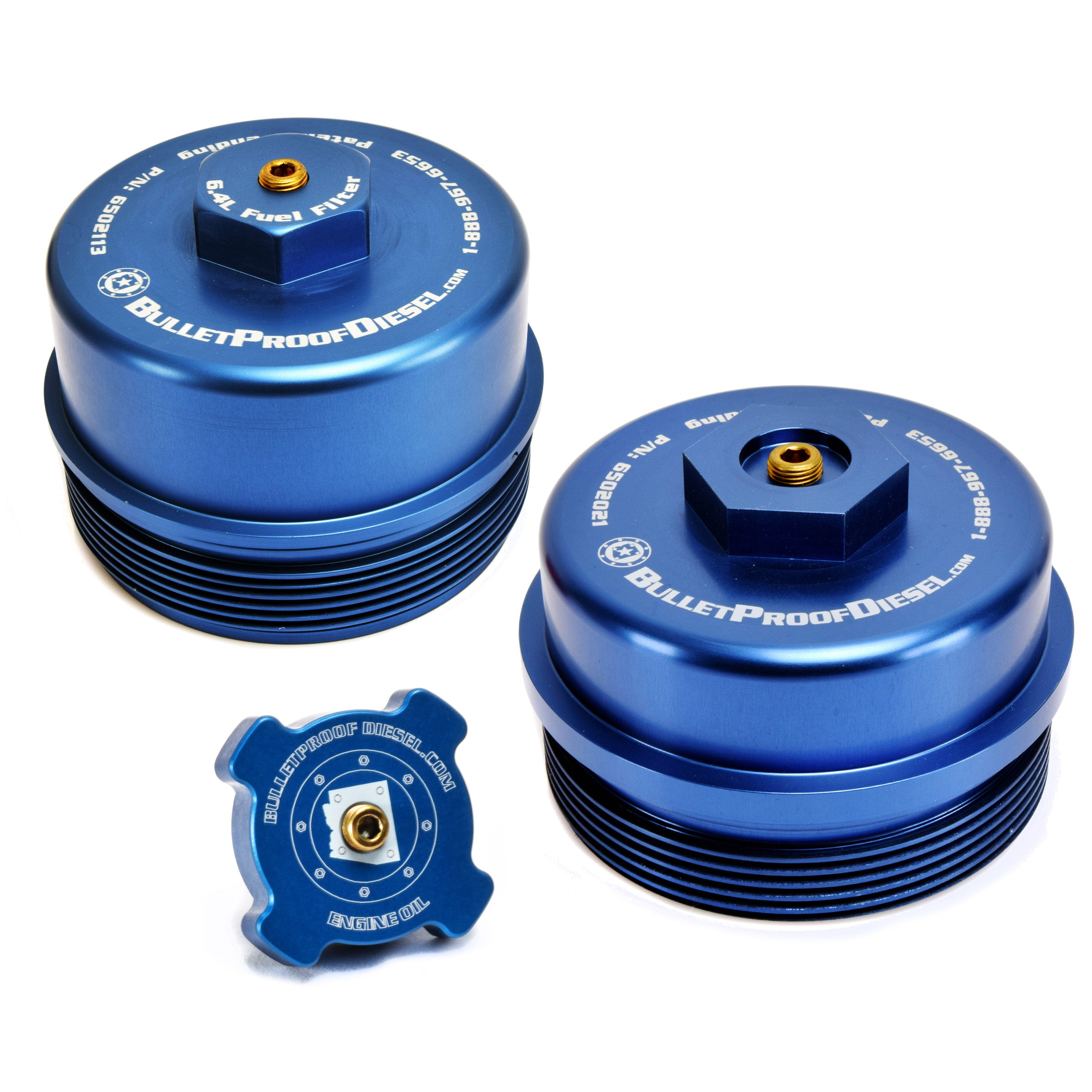 Upgraded Direct Fit Blue Anodized Billet Aluminum Oil Filter, Oil Fill, and Lower Fuel Rail Cap Set for the Ford Power Stroke 6.4L Diesel with 1/8” MPT Threaded Port. Fits Years 2008 2009 2010.