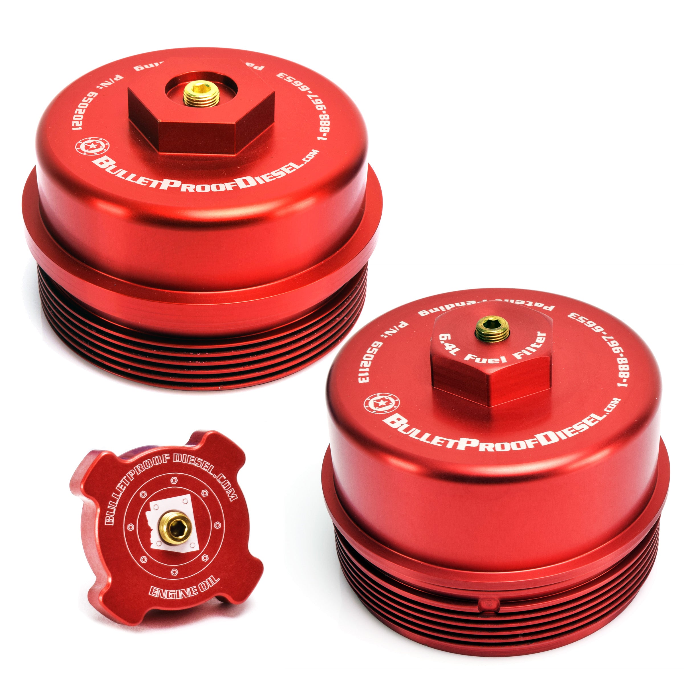 Upgraded Direct Fit Red Anodized Billet Aluminum Oil Filter, Oil Fill, and Lower Fuel Rail Cap Set for the Ford Power Stroke 6.4L Diesel with 1/8” MPT Threaded Port. Fits Years 2008 2009 2010.