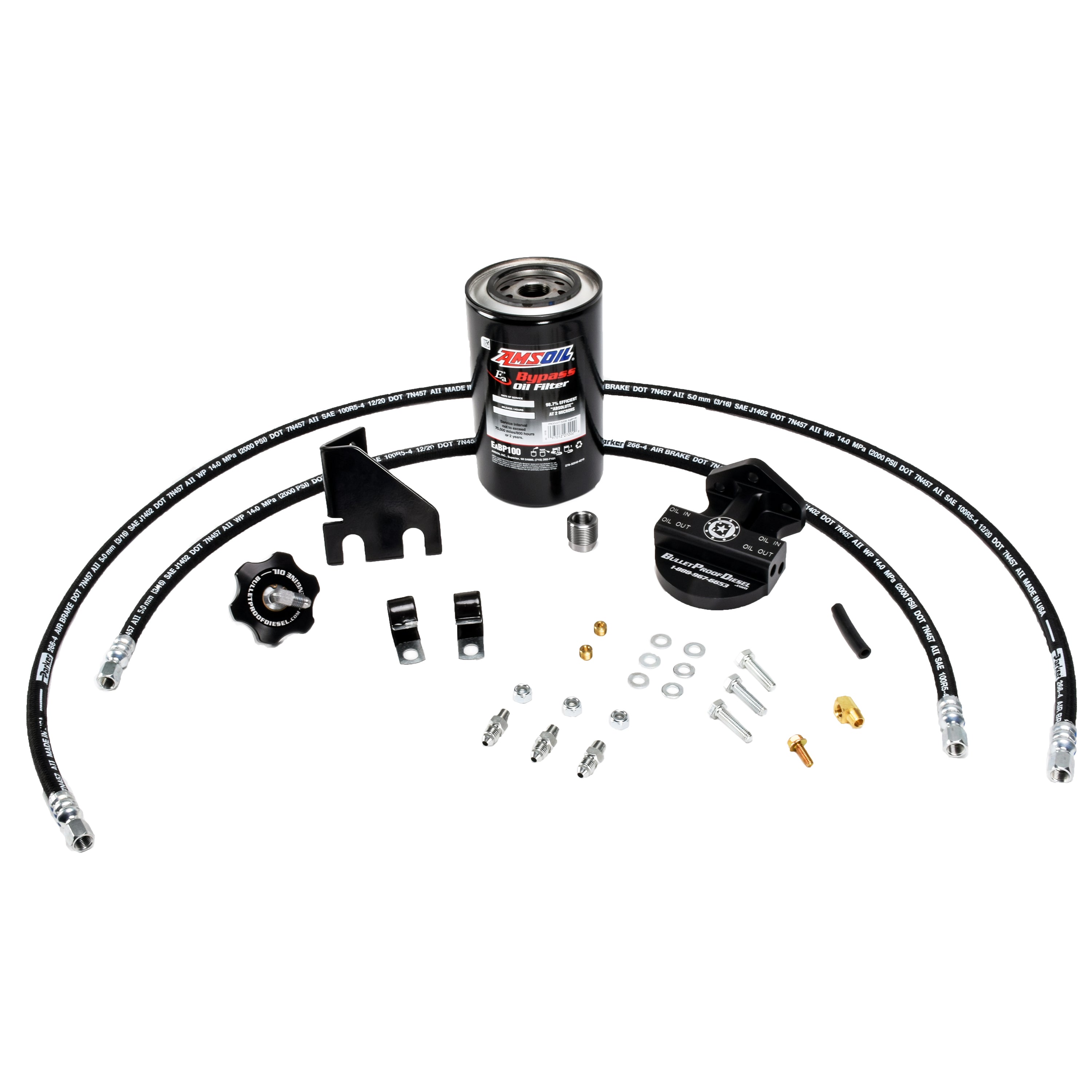 This BulletProof Upgraded Oil Bypass System Assembly Fits 2010 2011 2012 2013 2014 2015 2016 2017 2018 RAM Trucks with the 6.7L Diesel Engine. This system boasts a superior, fine oil filtration of 2 Microns with this Amsoil EaBP-100 Filter. Includes custom machined billet Engine Oil Cap and all other parts for a successful installation. 