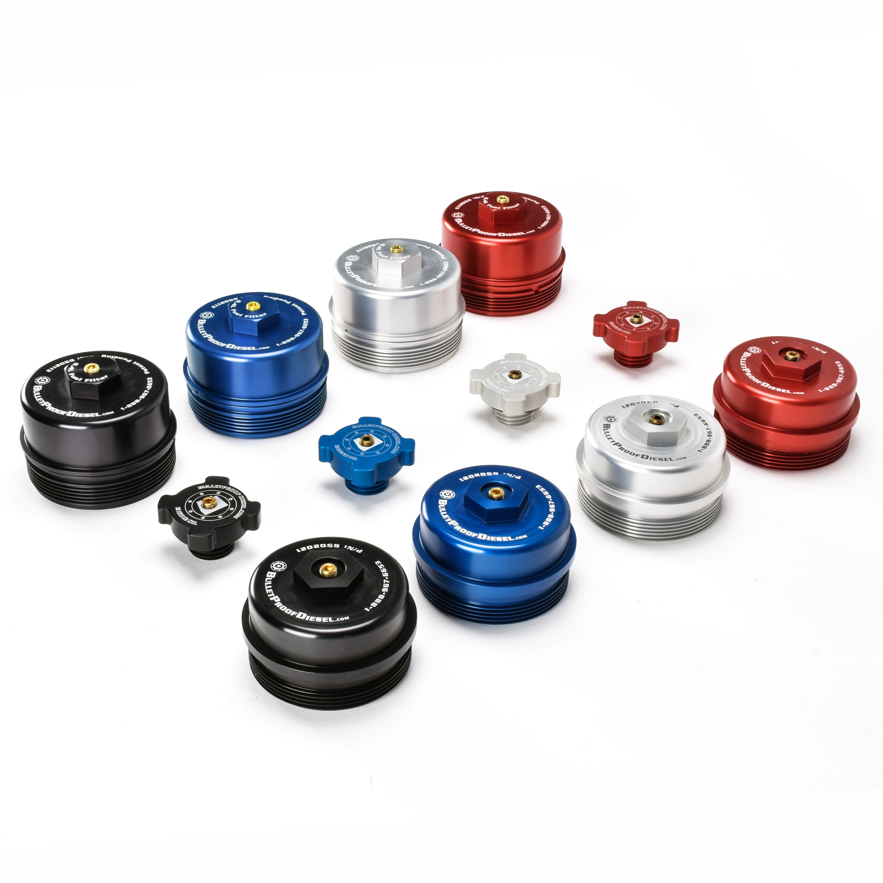 Upgraded Direct Fit Anodized Billet Aluminum Oil Filter, Oil Fill, and Lower Fuel Rail Cap Set for the Ford Power Stroke 6.4L Diesel with 1/8” MPT Threaded Port. Fits Years 2008 2009 2010. Available in Black, Blue, Red, Clear (Natural)